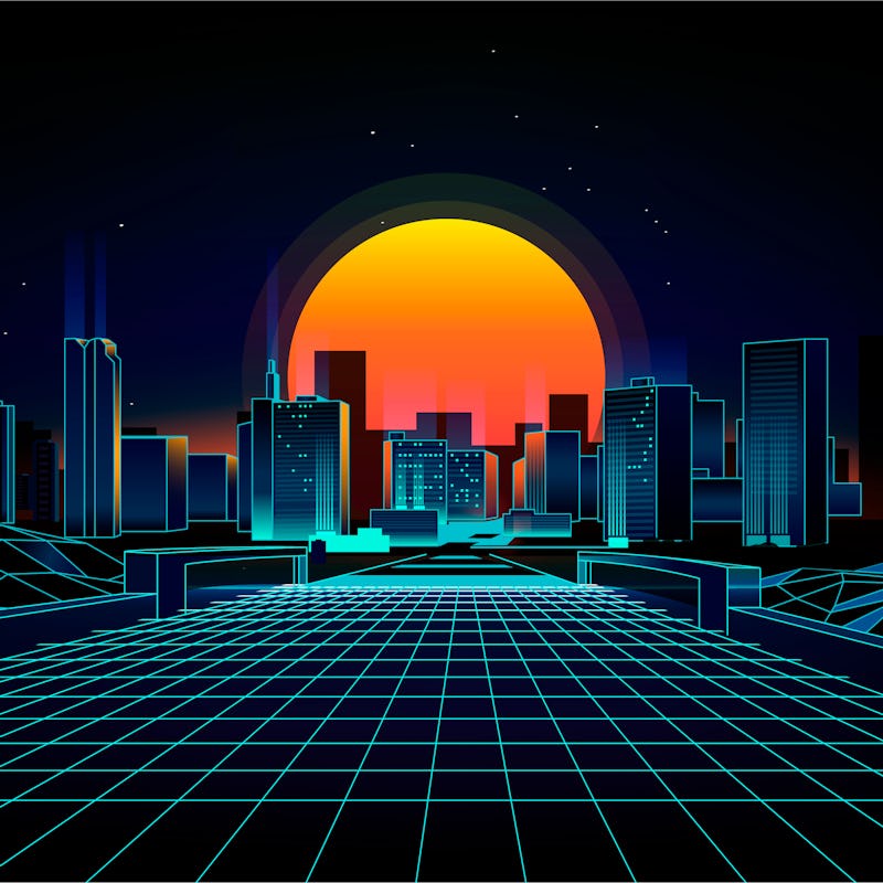 Retro background landscape 1980s style. Retro 80s Sci-Fi background city Landscape.Futuristic back...