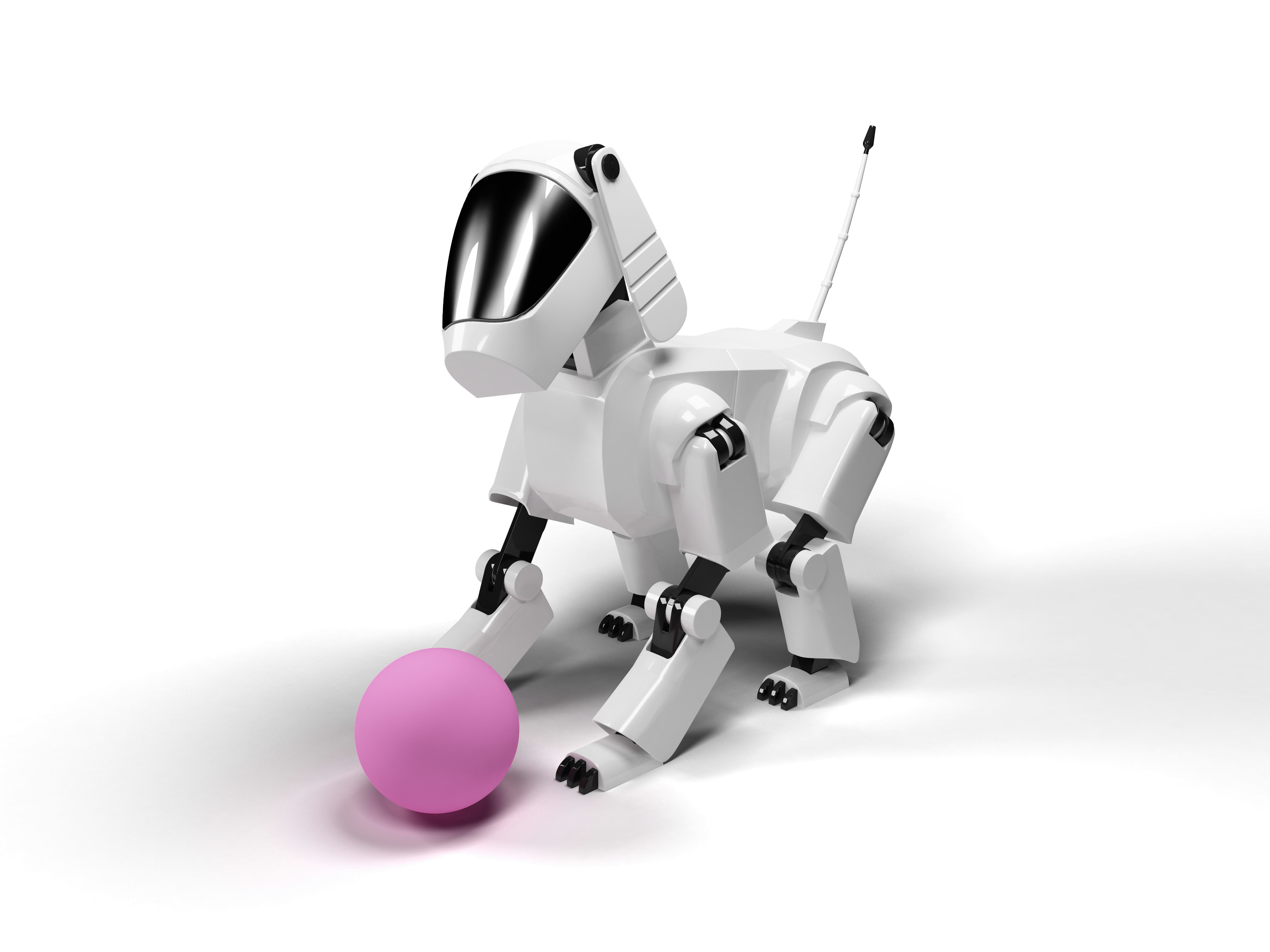 Robot dog from the white plastic play with pink ball on a white background