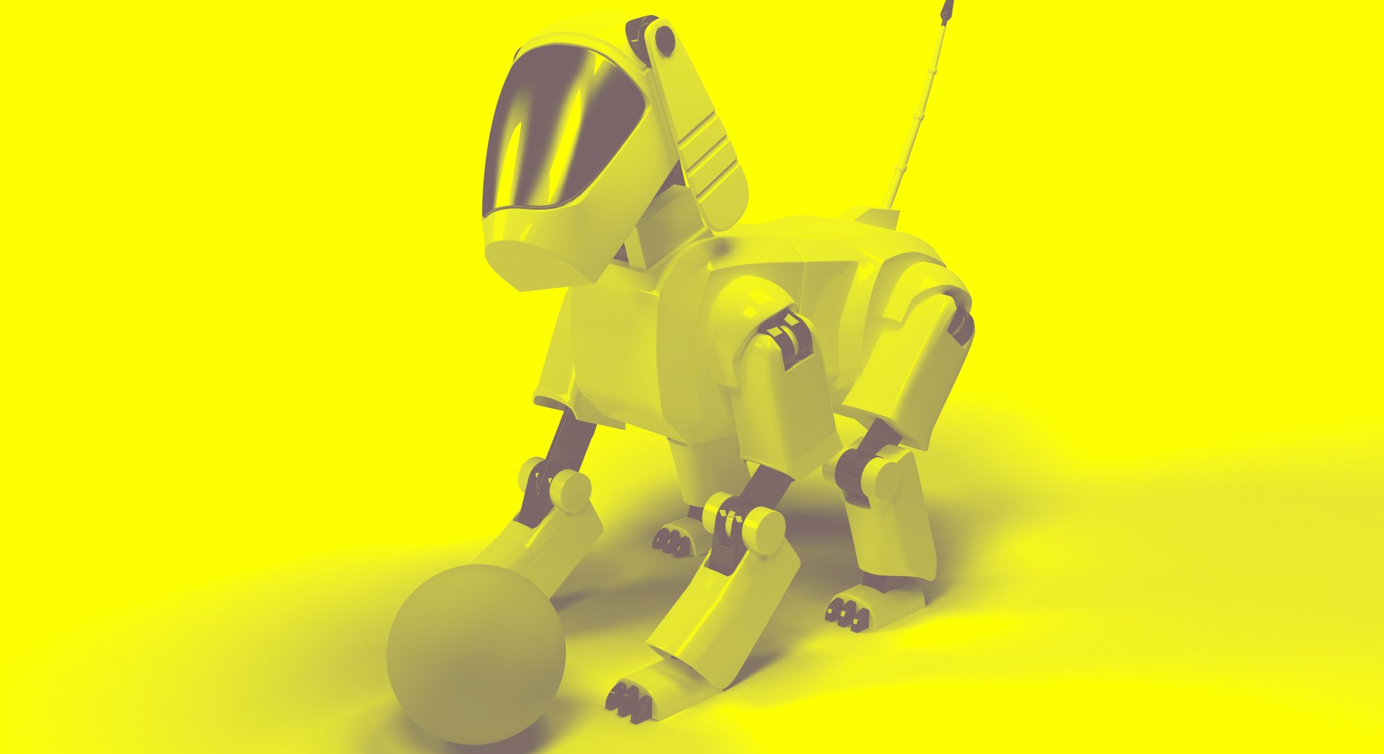 Robot dog from the white plastic play with pink ball on a white background