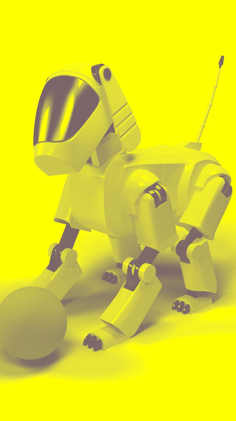 Robot dog from the white plastic play with pink ball on a white background