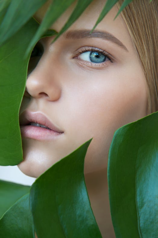 Face of beautiful young woman with clean perfect skin covered by leaves. Portrait of beauty model wi...