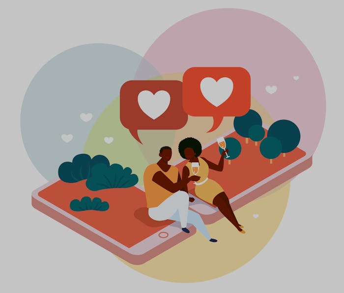 Virtual love isometric composition, man and woman standing on smart phone screen. Virtual love isome...
