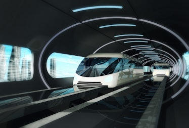 Concept of magnetic levitation train moving  in a vacuum tunnel across the city. Modern city transpo...