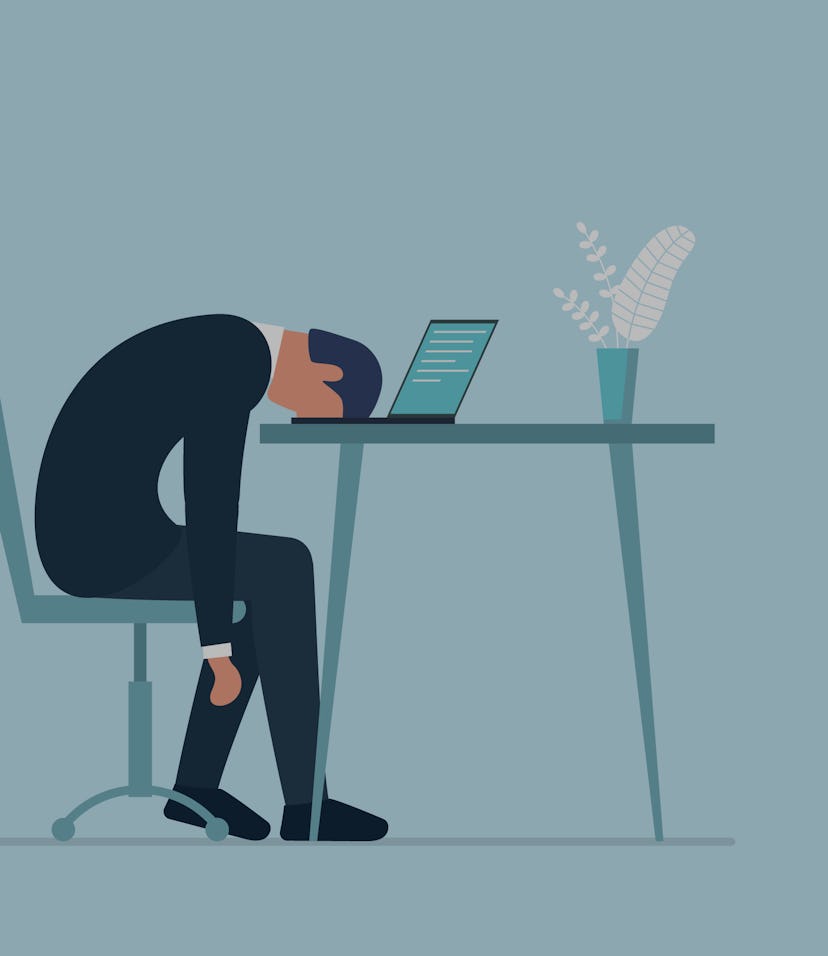 A man in an office suit can be seen having burnout at his desk. The dominant colors in this illustra...