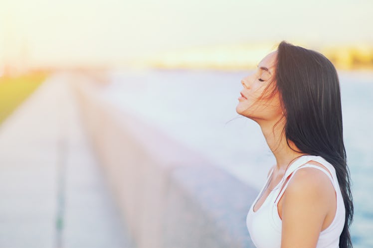 Side view profile portrait of a happy brunette woman relaxing breathing fresh air outdoors in summer...