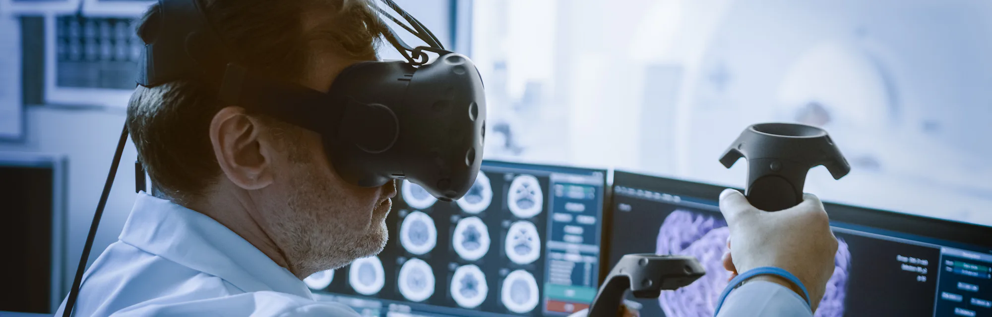 Futuristic Concept: In Medical Laboratory Surgeon Wearing Virtual Reality Headset Uses Controllers t...