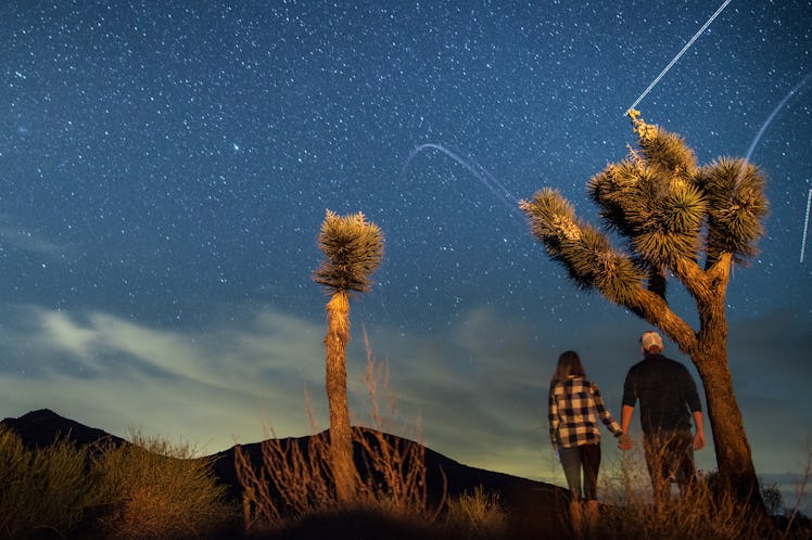 A couple stargazes in Joshua Tree National Park, while holding hands. 