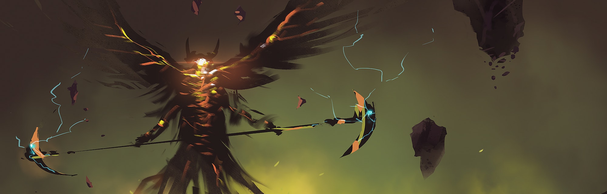 Digital illustration painting design style a worrior with two hand swords against wing demon, last ...