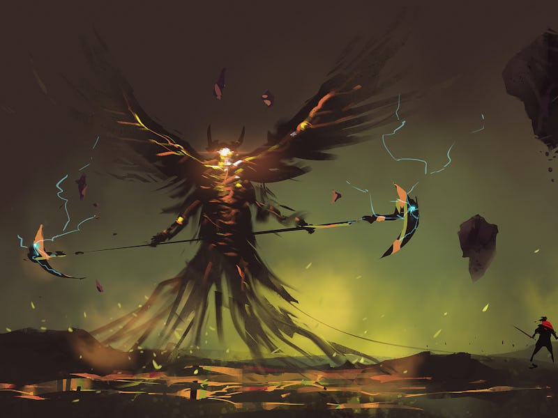 Digital illustration painting design style a worrior with two hand swords against wing demon, last ...