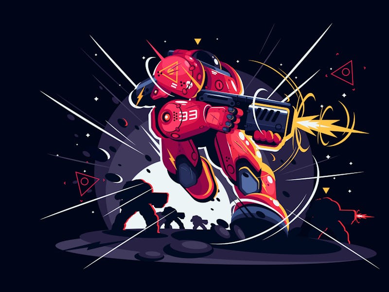 Infantryman with weapon in battlefield vector illustration. Foot-soldier shoots a gun. Military inva...