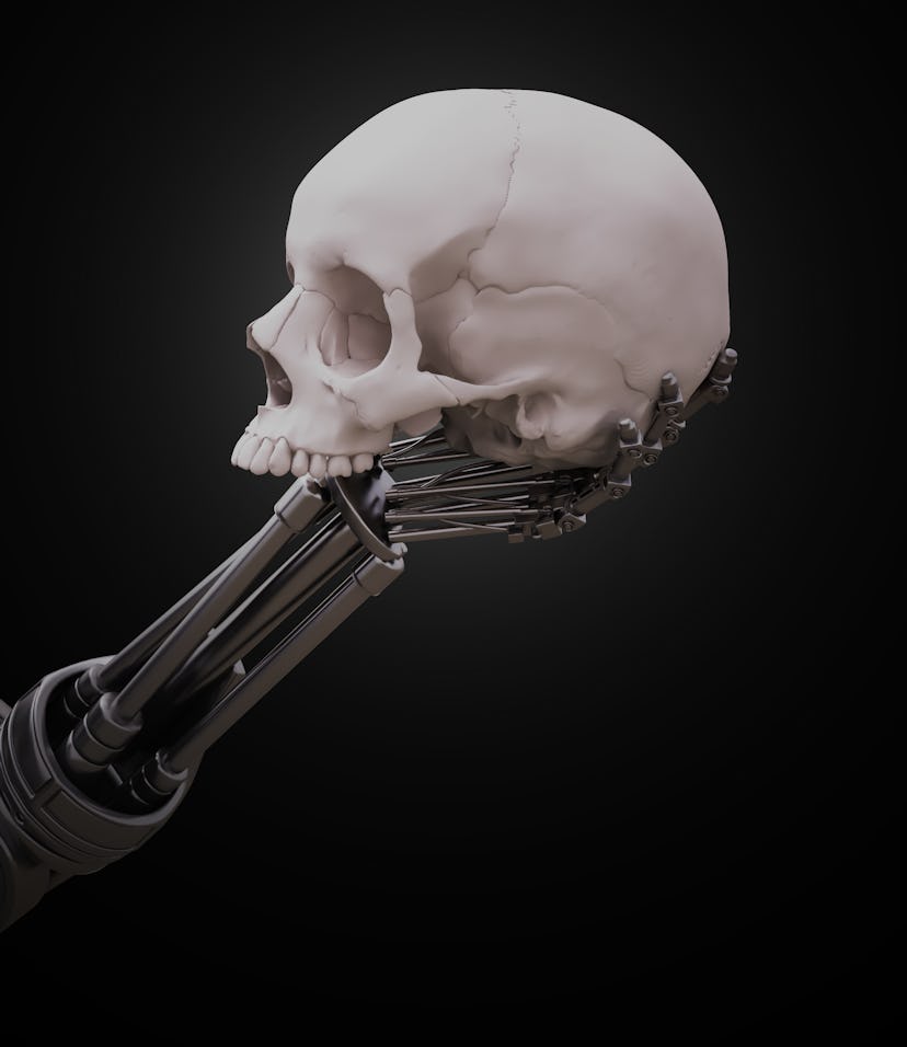 Robot arm holding a human skull