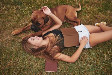 Calm and peace. Lying on the ground. Woman have a walk with her dog outdoors in the park. Having goo...