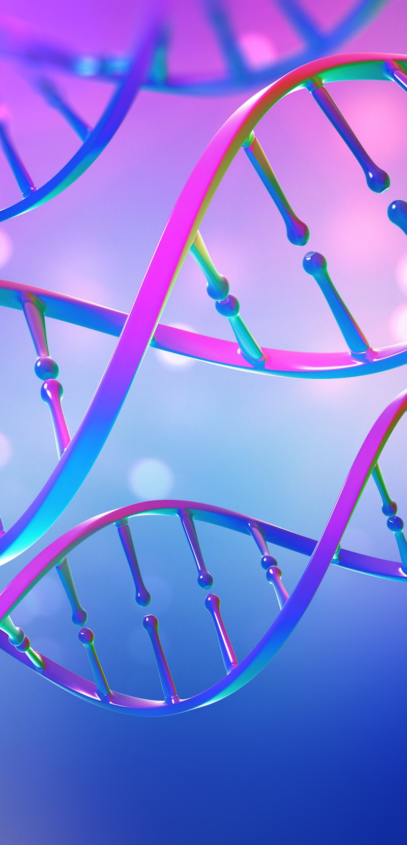 DNA. Study of gene structure of cell. Bright neon light. DNA molecule structure. 3D double helix ill...