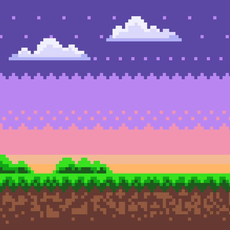 Nobody interface of pixel game platform, evening and sunset view, cloudy sky and green grass with bu...