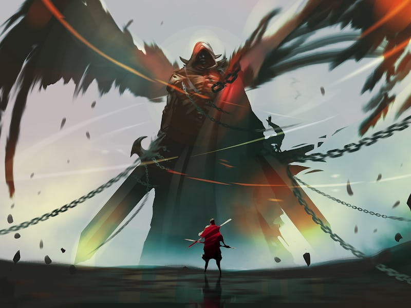 Digital illustration painting design style a knight against dark angel ready to fighting.