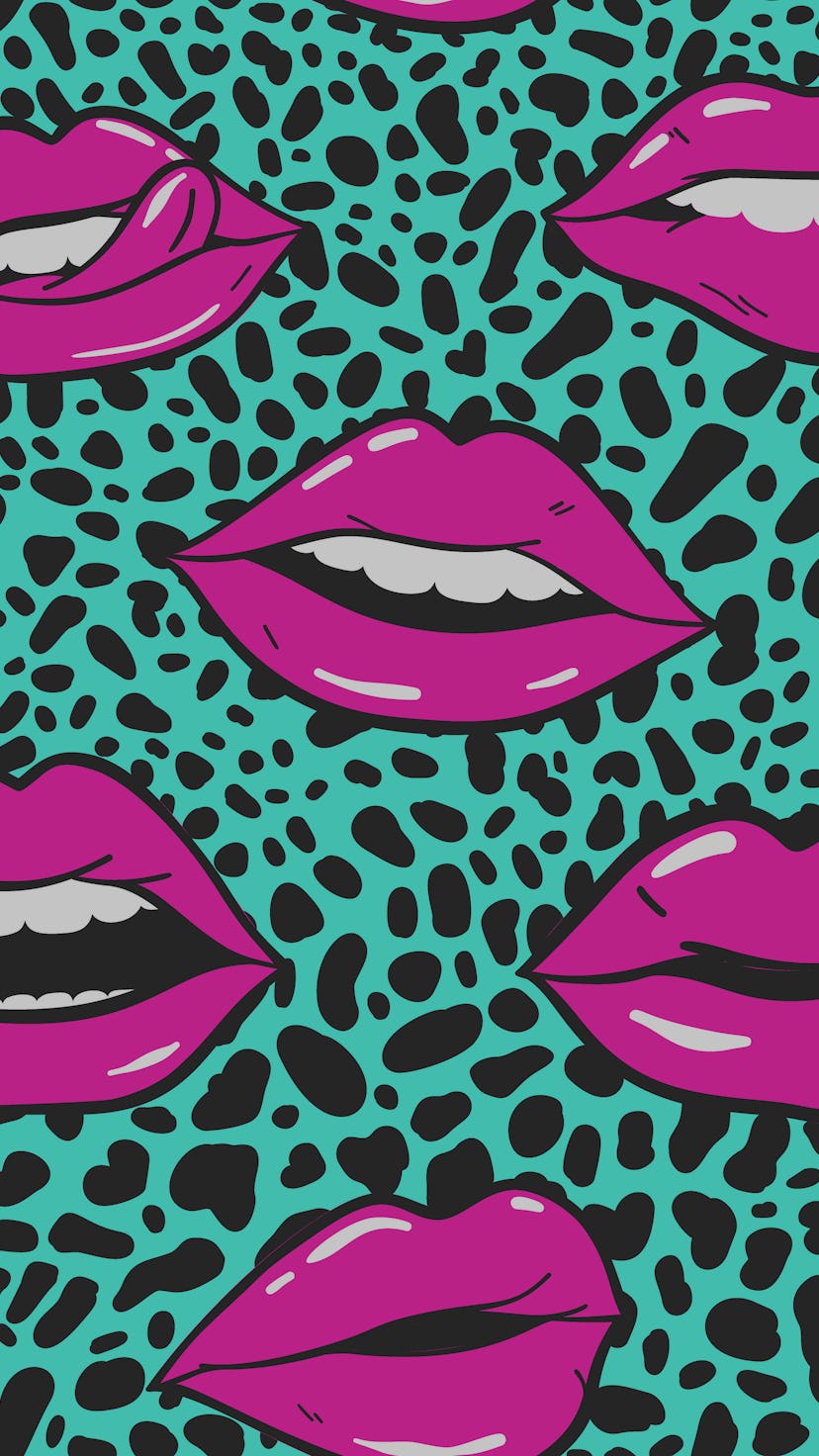Beauty, makeup, cosmetic fashion seamless pattern. Vector red pink color doodle lips patches in pop ...
