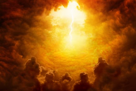 Dramatic religious background - hell realm, bright lightnings in dark red apocalyptic sky, judgement...