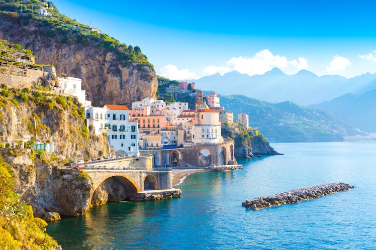 Morning view of Amalfi cityscape on coast line of mediterranean sea, Italy