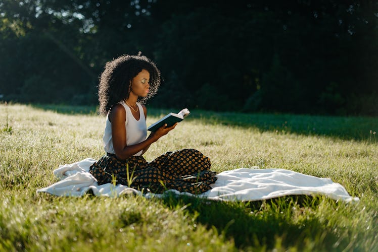 Charming african girl with natural make-up and curly hair is relaxing with the book during the picni...