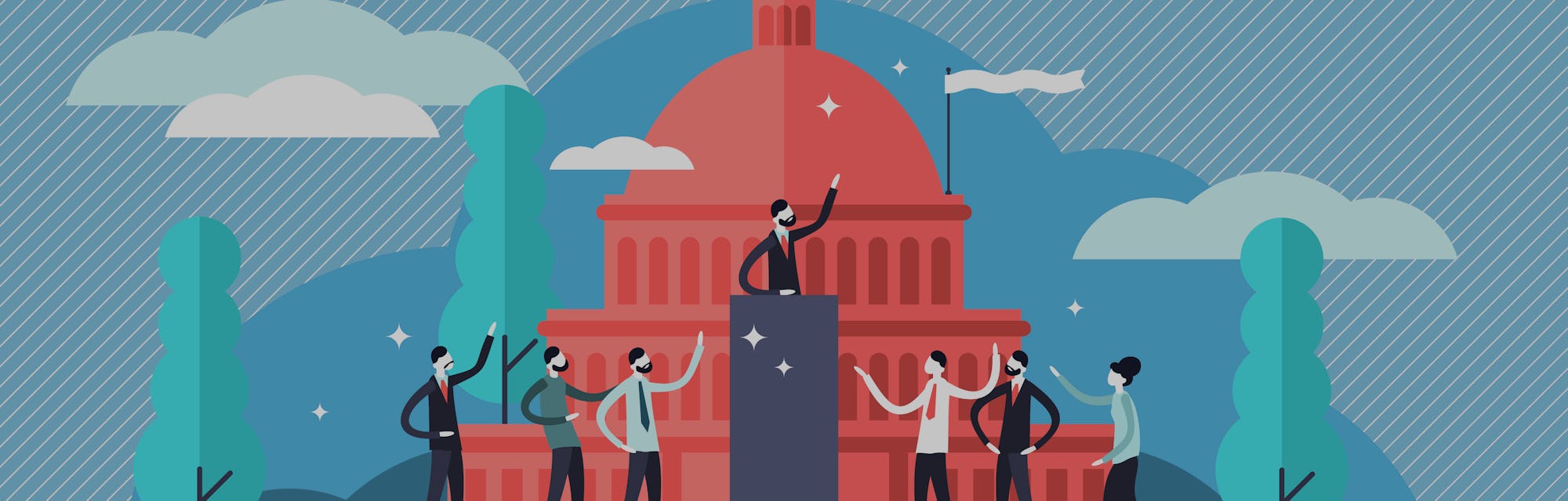 An illustration depicts a politician standing at the podium, presumably delivering a speech. At the ...