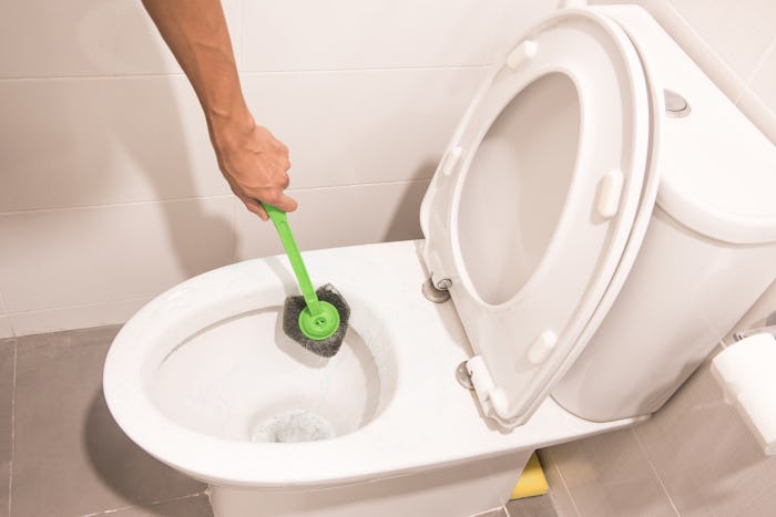 Hand cleaning toilet with green brush