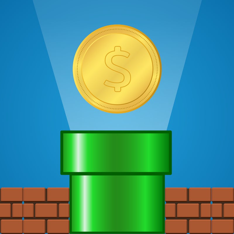 GreenPipe with Gold coin ,rays light and brick on Blue Background