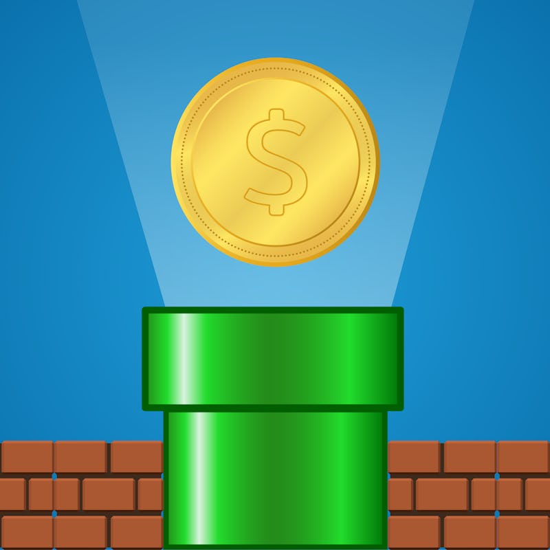 GreenPipe with Gold coin ,rays light  and brick on Blue Background