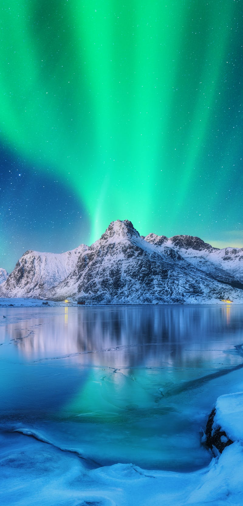 Aurora borealis over snowy mountains, frozen sea coast and reflection in water in Lofoten islands, N...