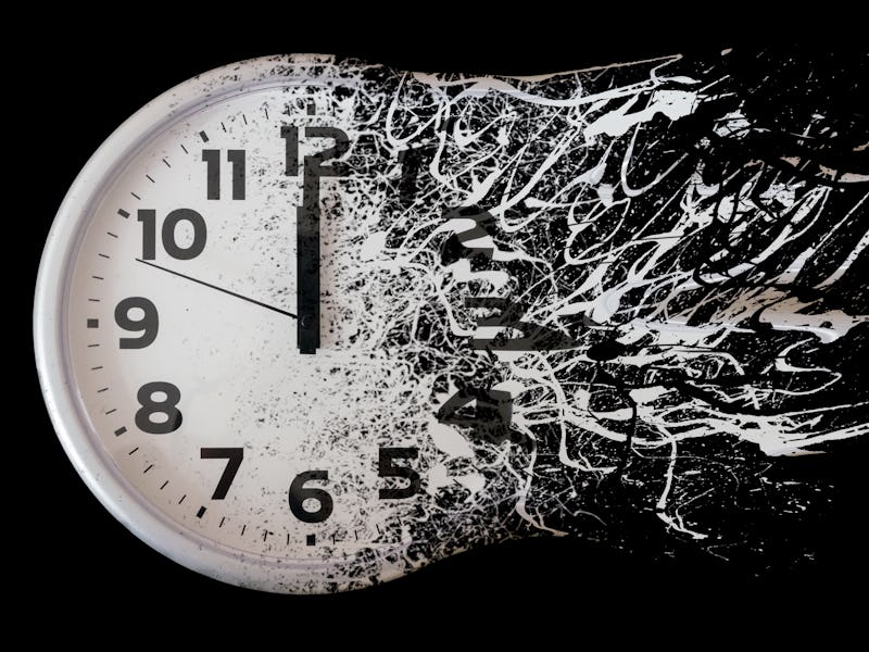 Time is running out concept shows clock that is dissolving away into little particles. Black and whi...