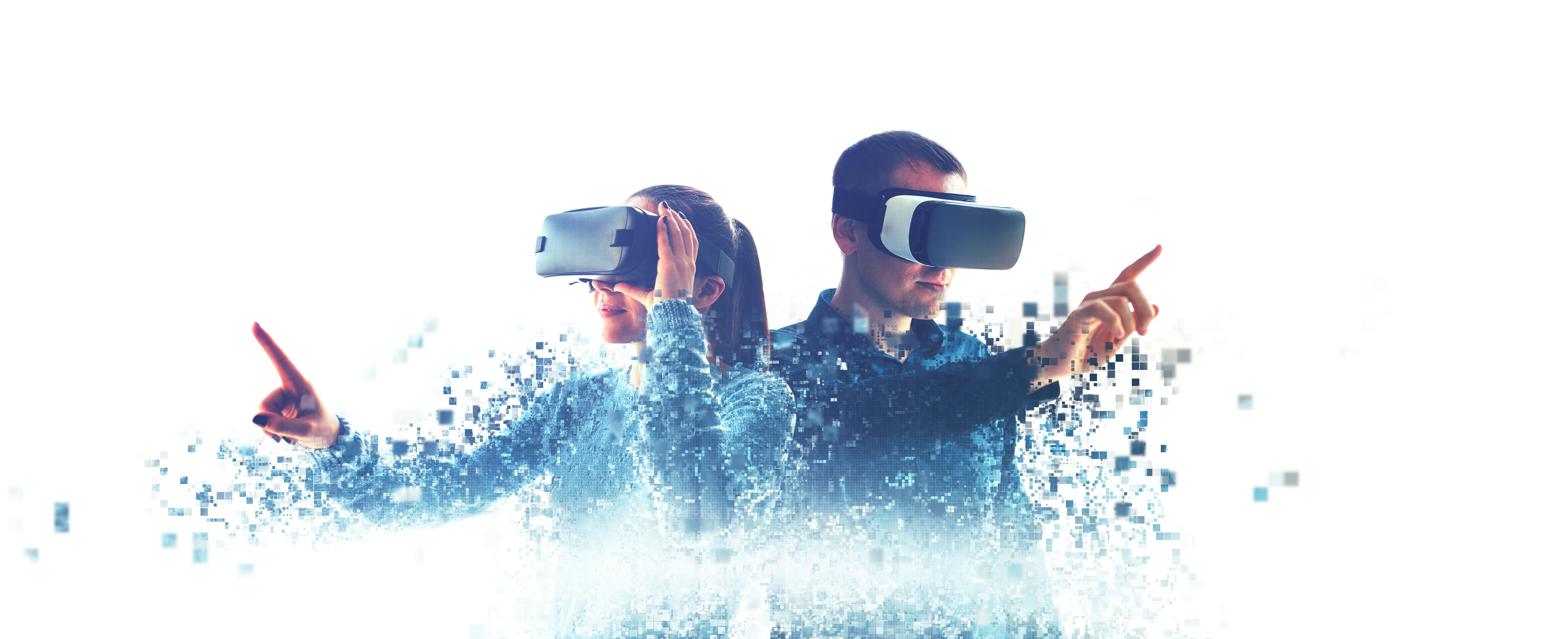 A man and a woman in glasses of virtual reality. The concept of modern technologies and technologies...