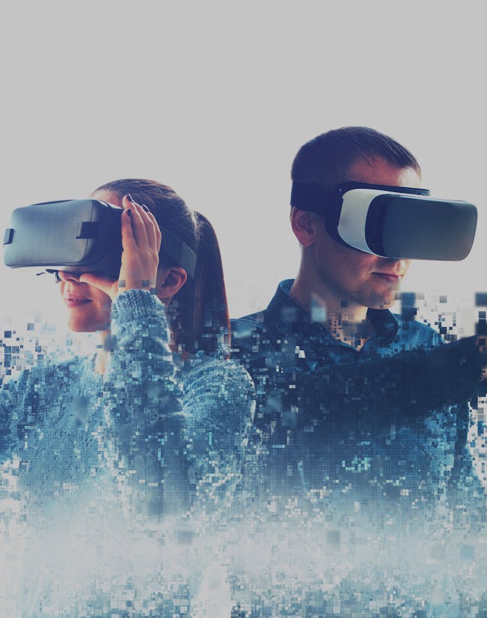 A man and a woman in glasses of virtual reality. The concept of modern technologies and technologies...