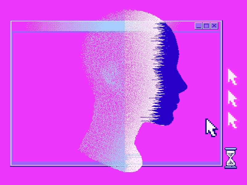 Human head made of particles with glitch art effect. Concept illustration of Mental health awareness...