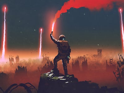 man holds a red smoke flare up in the air and standing against the apocalypse world, digital art sty...