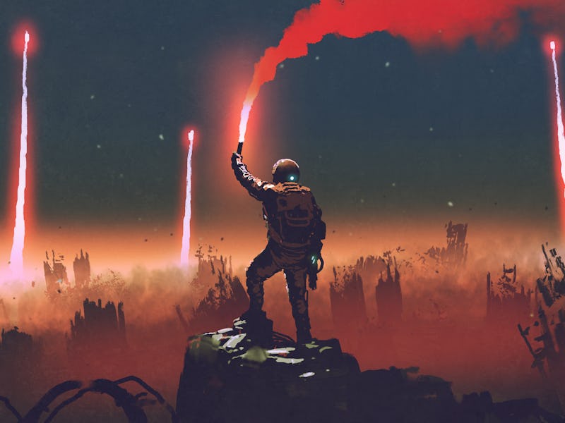 man holds a red smoke flare up in the air and standing against the apocalypse world, digital art sty...