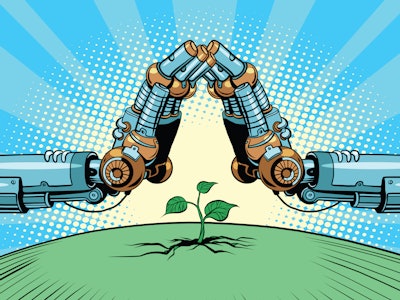 The robot arm protect green sprout, technology environment and n