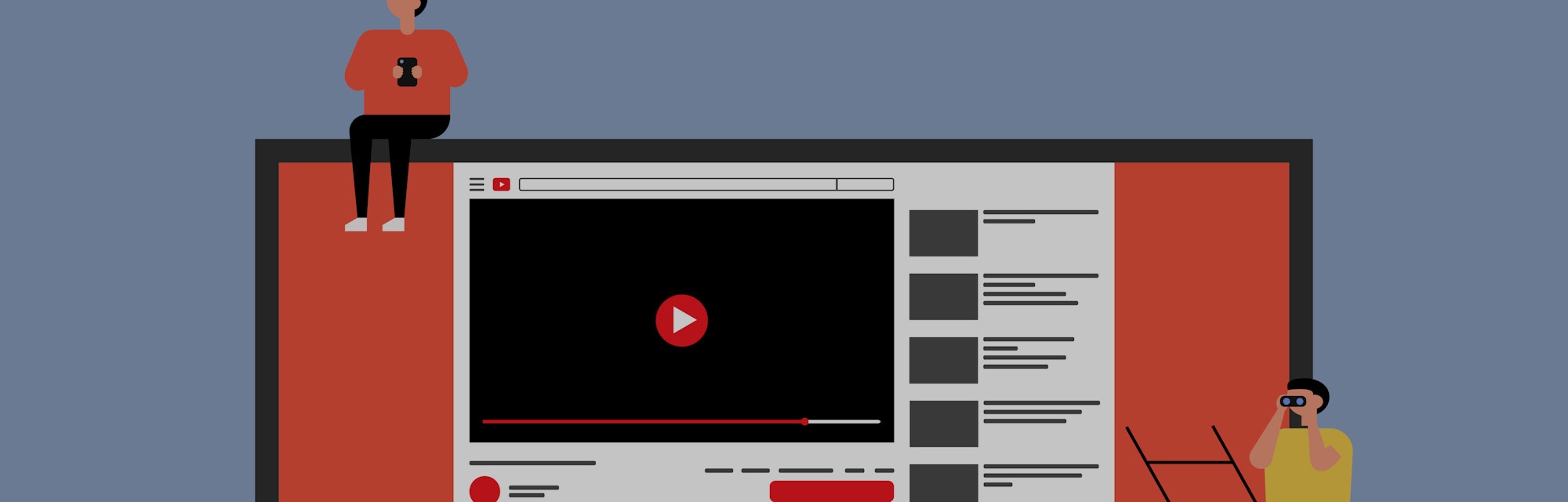 A screen depicting YouTube can be seen. One male character is sitting on top of the screen, another ...