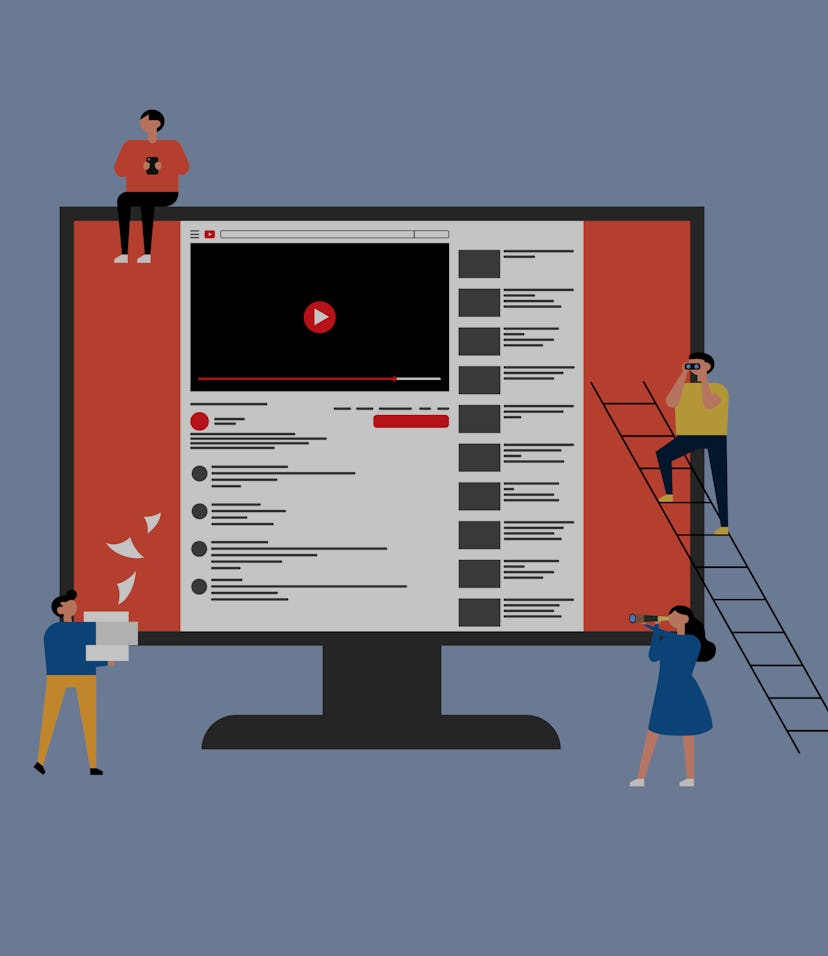 A screen depicting YouTube can be seen. One male character is sitting on top of the screen, another ...