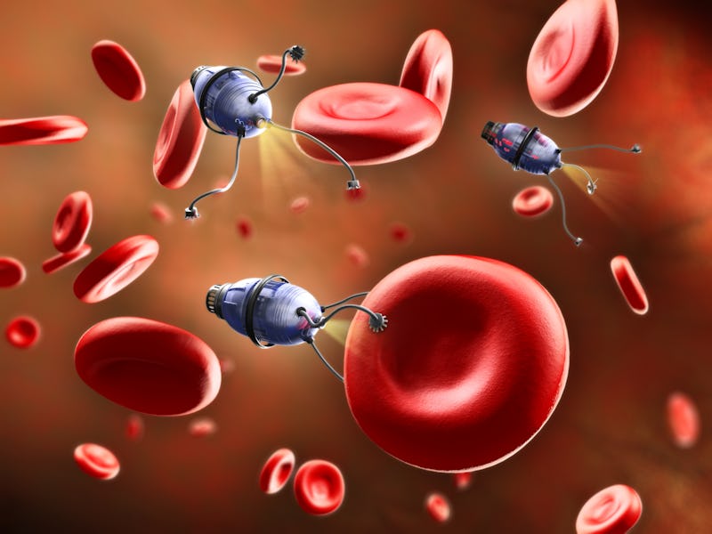 Nanobots going through the bloodstream and repairing some blood cells. Digital illustration.