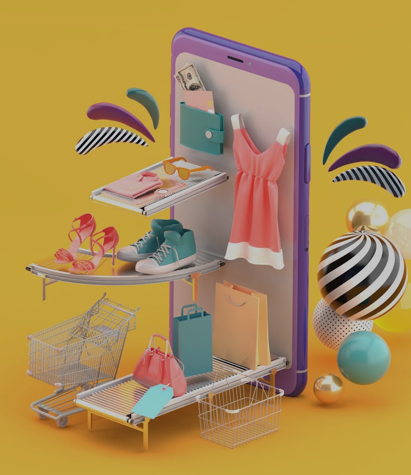 A smartphone screen can be seen. It has a dress on it, a wallet, shoes, and other market items for s...