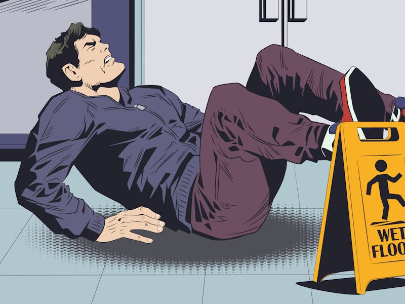 Stock illustration. Man falls on wet floor. Warning sign.