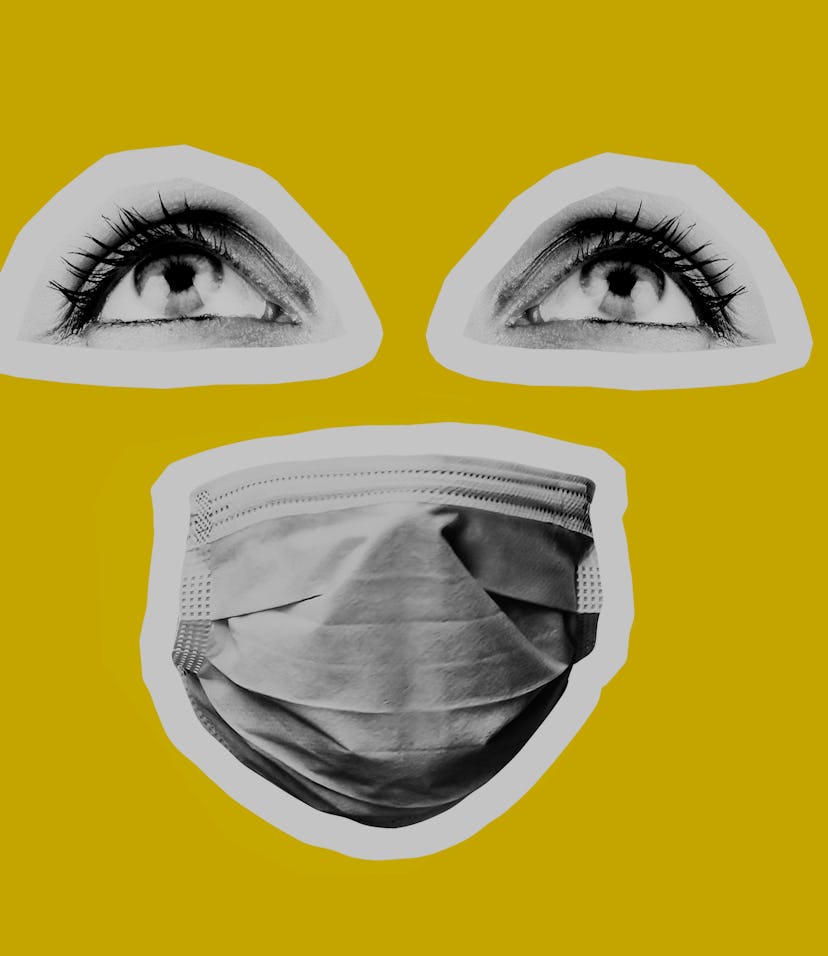 Medical mask protection against coronavirus, eyes and mouth close-up. The background is yellow. The ...