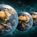 Alignment or array of many Earth planet in outer space scenery 3D rendering illustration. Multiverse...