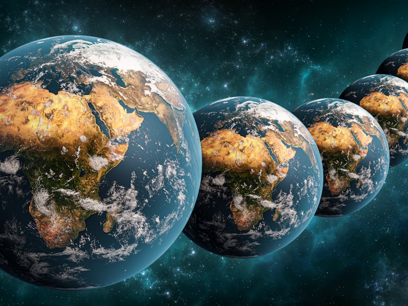 Alignment or array of many Earth planet in outer space scenery 3D rendering illustration. Multiverse...