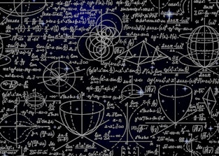 A blackboard can be seen with various formulae, calculations, and figures on it drawn by thin white ...