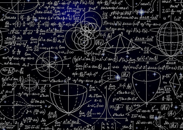 A blackboard can be seen with various formulae, calculations, and figures on it drawn by thin white ...