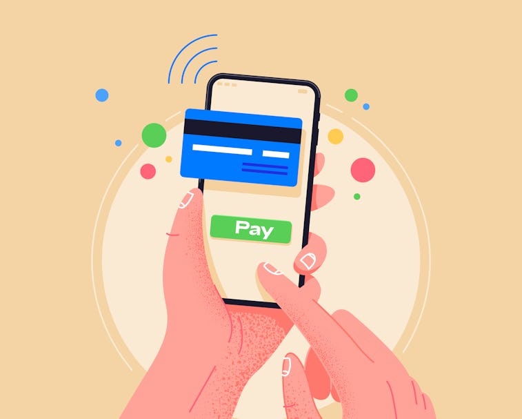 A user's hands can be seen. They are holding a smartphone and using the pay by credit card via elect...
