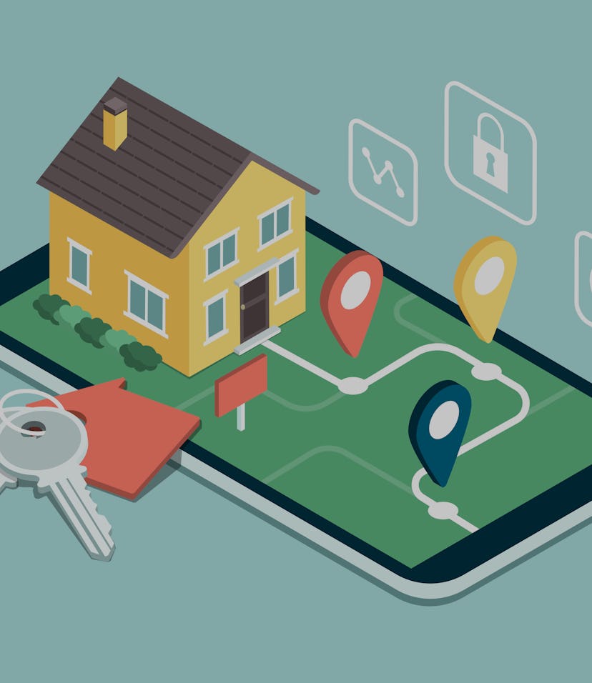 A house for sale can be seen on a smartphone with little location targets popping up at different po...