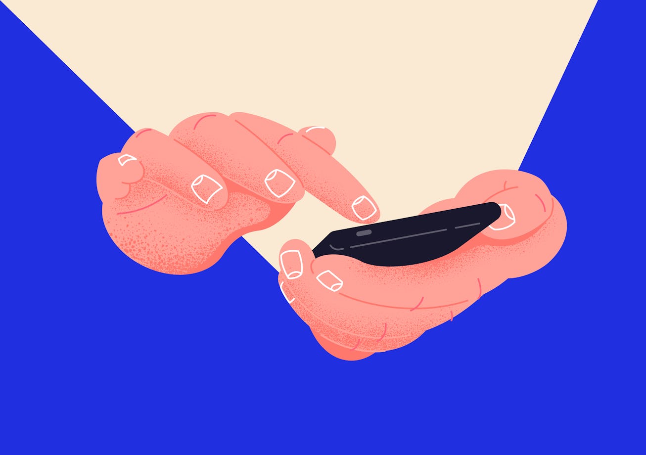 Social network life on your phone vector illustration. Hand holding smartphone editable mockup. Push...