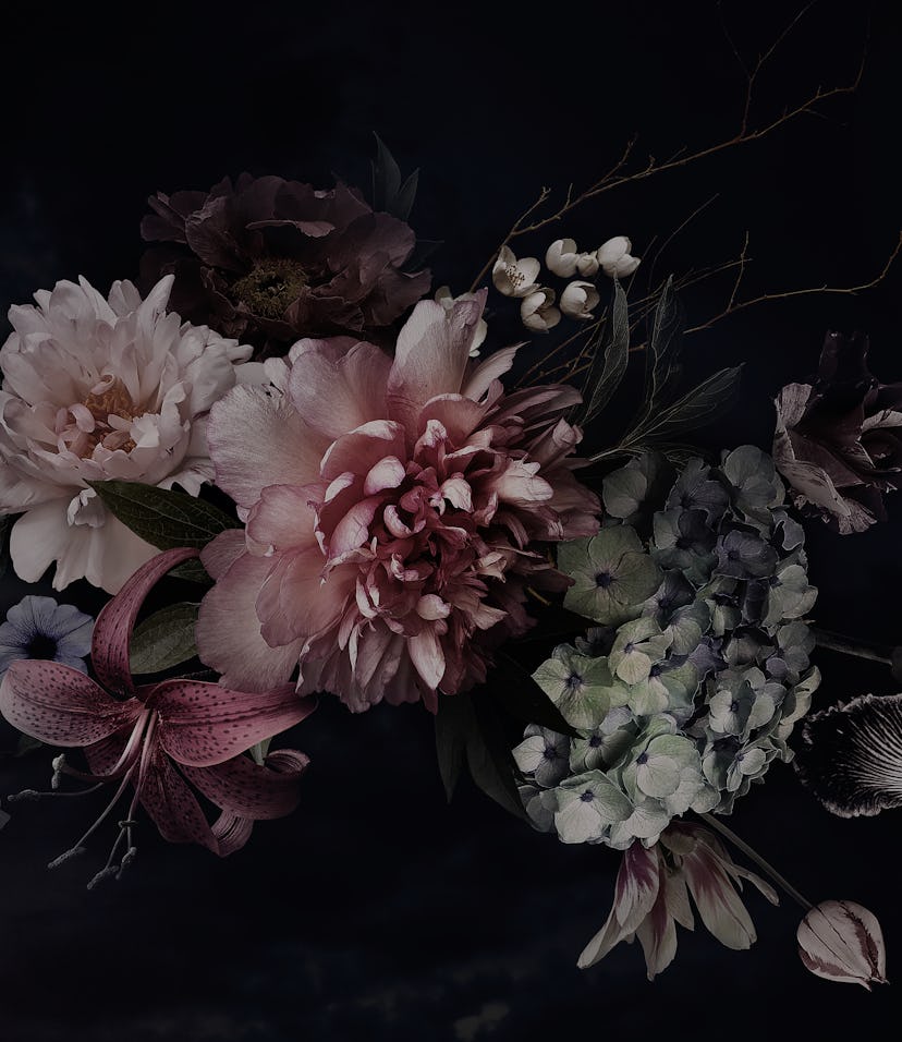 A bunch of peonies, tulips, lily, and hydrangea can be seen in front of a black background. The styl...