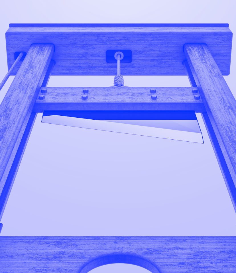 Guillotine, bottom view against blue sky. 3D rendering